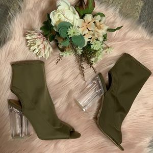 COPY - Olive Green Fabric Clear Block Heels